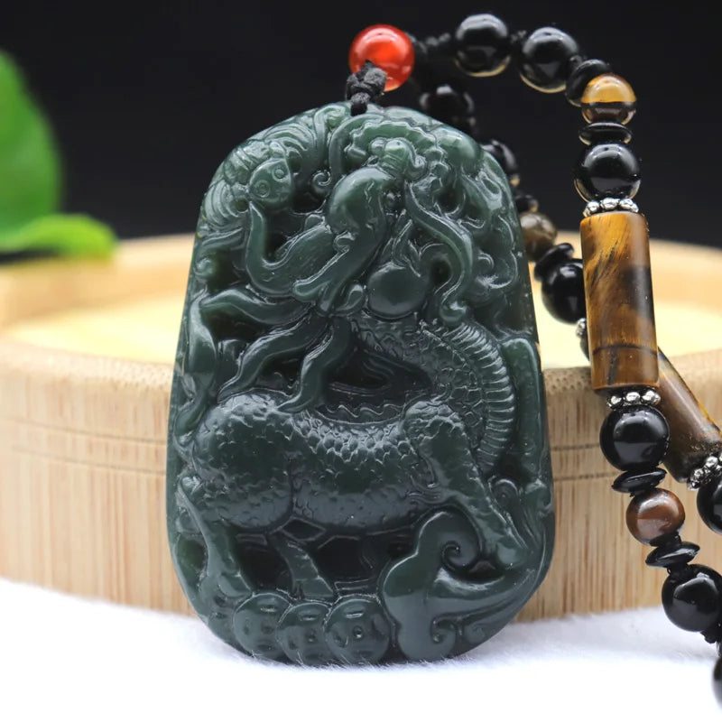 Green Hetian Nephrite Jade Kylin Unicorn Pendant Necklace
