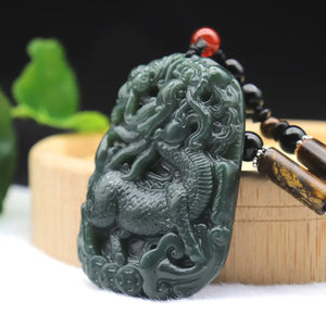 Green Hetian Nephrite Jade Kylin Unicorn Pendant Necklace