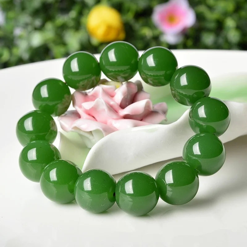 Green Jade 18mm Beads Bracelet Chinese Hand-Carved Charm Jewelry