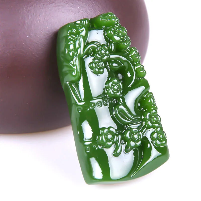 Green Jade Bamboo Pendant Necklace Chinese Hand-Carved Charm Jewelry