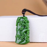 Green Jade Bamboo Plum Pendant Necklace Chinese Charm Amulet