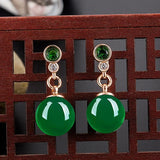 Green Jade Bead Earrings Silver Chalcedony Amulet Jewelry Women
