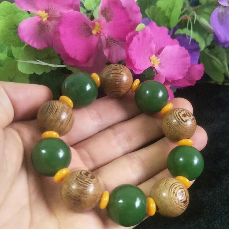 Green Jade Beads He Tian Jade Bracelet Lucky Safety Auspicious Amulet