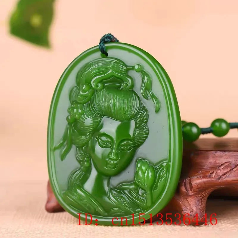 Green Jade Beauty Pendant Necklace Charm Jewellery Hand-Carved Luck Amulet