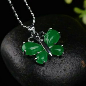 Green Jade Butterfly Pendant Necklace Hand-Carved Luck Amulet