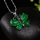 Green Jade Butterfly Pendant Necklace Hand-Carved Luck Amulet