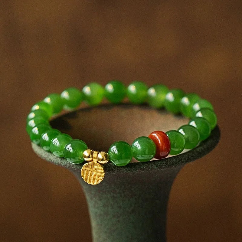 Green Jade Carving Bead Bracelet Charm Jewellery Hand-Carved DIY Luck