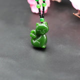 Hand-Carved Green Jade Cat Pendant Necklace Charm Jewelry