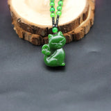 Hand-Carved Green Jade Cat Pendant Necklace Charm Jewelry