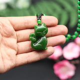 Hand-Carved Green Jade Cat Pendant Necklace Charm Jewelry