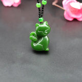 Hand-Carved Green Jade Cat Pendant Necklace Charm Jewelry