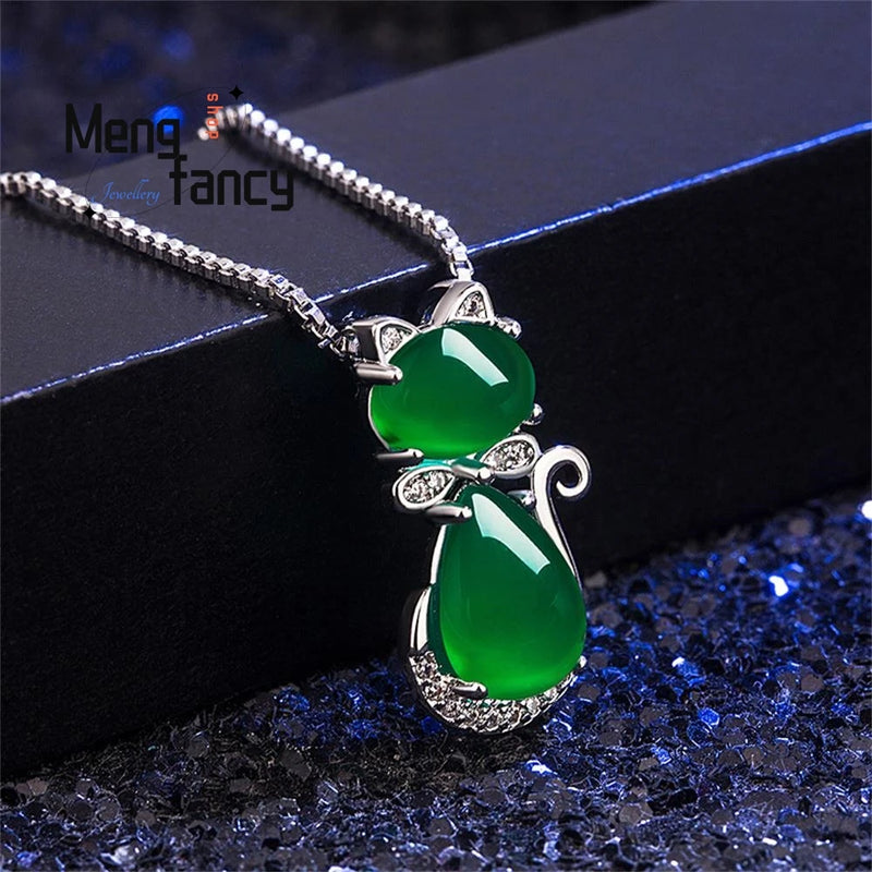 Green Jade Cat Agate 925 Silver Necklace Charm Jewelry