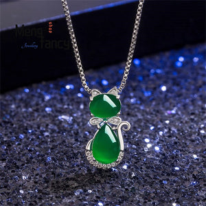 Green Jade Cat Agate 925 Silver Necklace Charm Jewelry