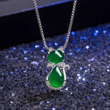Green Jade Chalcedony Cat Agate Pendant 925 Silver Necklace Chinese Carved Charm