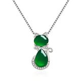 Green Jade Chalcedony Cat Agate Pendant 925 Silver Necklace Chinese Carved Charm