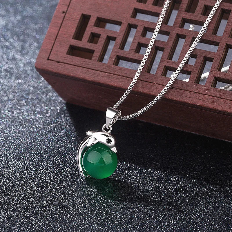 Green Jade Dolphin Agate Pendant 925 Silver Necklace Chinese Charm Jewelry