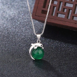 Green Jade Dolphin Agate Pendant 925 Silver Necklace Chinese Charm Jewelry