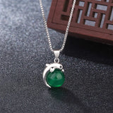 Green Jade Dolphin Agate Pendant 925 Silver Necklace Chinese Charm Jewelry