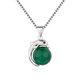 Green Jade Dolphin Agate Pendant 925 Silver Necklace Chinese Charm Jewelry