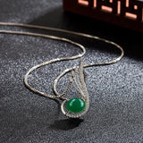 Green Jade Feather Pendant 925 Silver Necklace Chinese Carved Charm Jewelry