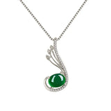 Green Jade Feather Pendant 925 Silver Necklace Chinese Carved Charm Jewelry