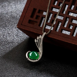 Green Jade Feather Pendant 925 Silver Necklace Chinese Carved Charm Jewelry