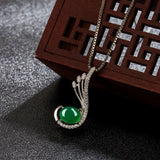 Green Jade Feather Pendant 925 Silver Necklace Chinese Carved Charm Jewelry