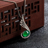 Green Jade Feather Pendant 925 Silver Necklace Chinese Carved Charm Jewelry