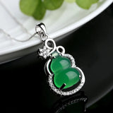 Green Jade Gourd Agate Pendant Silver Necklace Chinese Charm Amulet