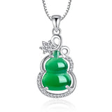 Green Jade Gourd Agate Pendant Silver Necklace Chinese Charm Amulet