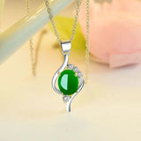 Green Jade Chalcedony Oval Pendant 925 Silver Necklace Chinese Carved Charm Jewe