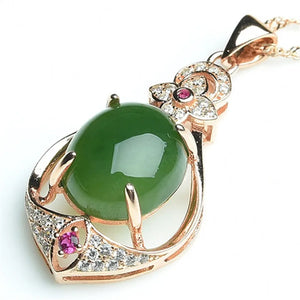 Green Jade Chalcedony Oval Pendant 925 Silver Necklace Chinese Carved Charm