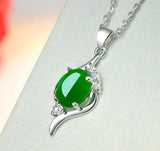 Green Jade Chalcedony Oval Pendant 925 Silver Necklace Chinese Carved Charm Jewe