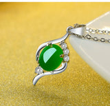 Green Jade Chalcedony Oval Pendant 925 Silver Necklace Chinese Carved Charm Jewe