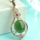 Green Jade Chalcedony Oval Pendant 925 Silver Necklace Chinese Carved Charm