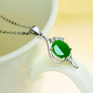 Green Jade Chalcedony Oval Pendant 925 Silver Necklace Chinese Carved Charm Jewe