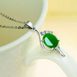 Green Jade Chalcedony Oval Pendant 925 Silver Necklace Chinese Carved Charm Jewe