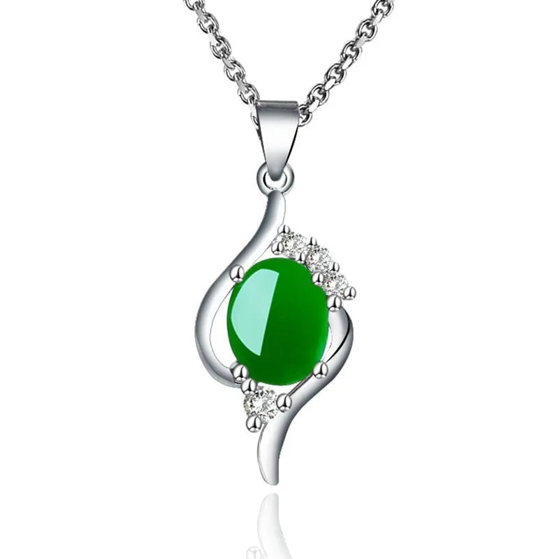 Green Jade Chalcedony Oval Pendant 925 Silver Necklace Chinese Carved Charm Jewe