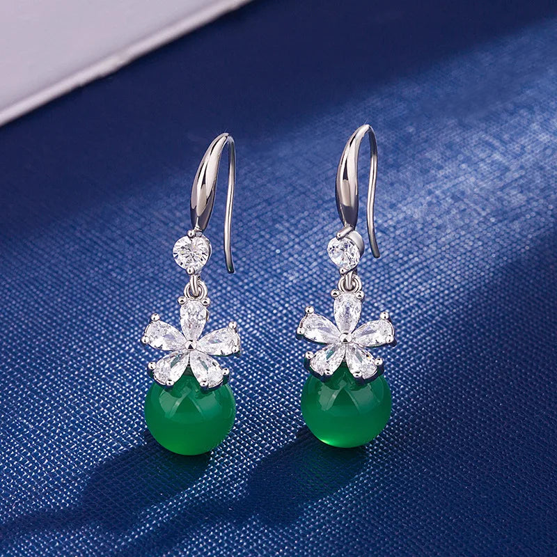 Green Jade Chalcedony Round Drop Earrings 925 Silver Carved Charm Jadeite