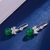 Green Jade Chalcedony Round Drop Earrings 925 Silver Carved Charm Jadeite