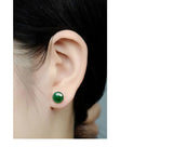 Green Jade Chalcedony Round Earrings 925 Silver Charm Jewelry Amulet
