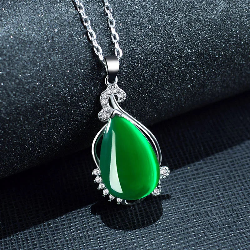 Green Jade Chalcedony Agate Pendant 925 Silver Necklace Chinese Charm Jewelry