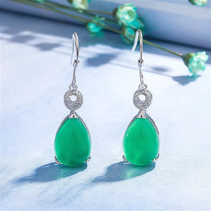 Green Jade Chalcedony Water Drop Earrings 925 Silver Carved Charm Jadeite Jewelr