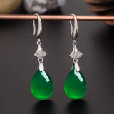 Green Jade Water Drop Earrings 925 Silver Carved Charm Jadeite Jewelry