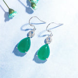 Green Jade Chalcedony Water Drop Earrings 925 Silver Carved Charm Jadeite Jewelr