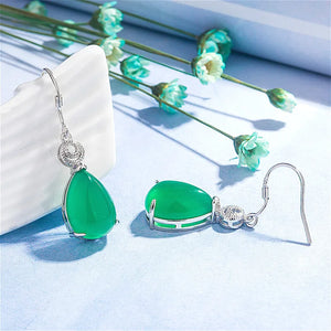 Green Jade Chalcedony Water Drop Earrings 925 Silver Carved Charm Jadeite Jewelr
