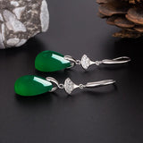 Green Jade Water Drop Earrings 925 Silver Carved Charm Jadeite Jewelry
