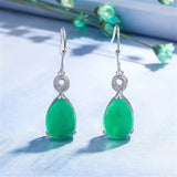 Green Jade Chalcedony Water Drop Earrings 925 Silver Carved Charm Jadeite Jewelr