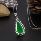 Green Jade Chalcedony Water Drop Pendant 925 Silver Necklace Chinese Carved