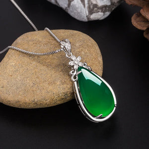 Green Jade Chalcedony Water Drop Pendant 925 Silver Necklace Chinese Carved